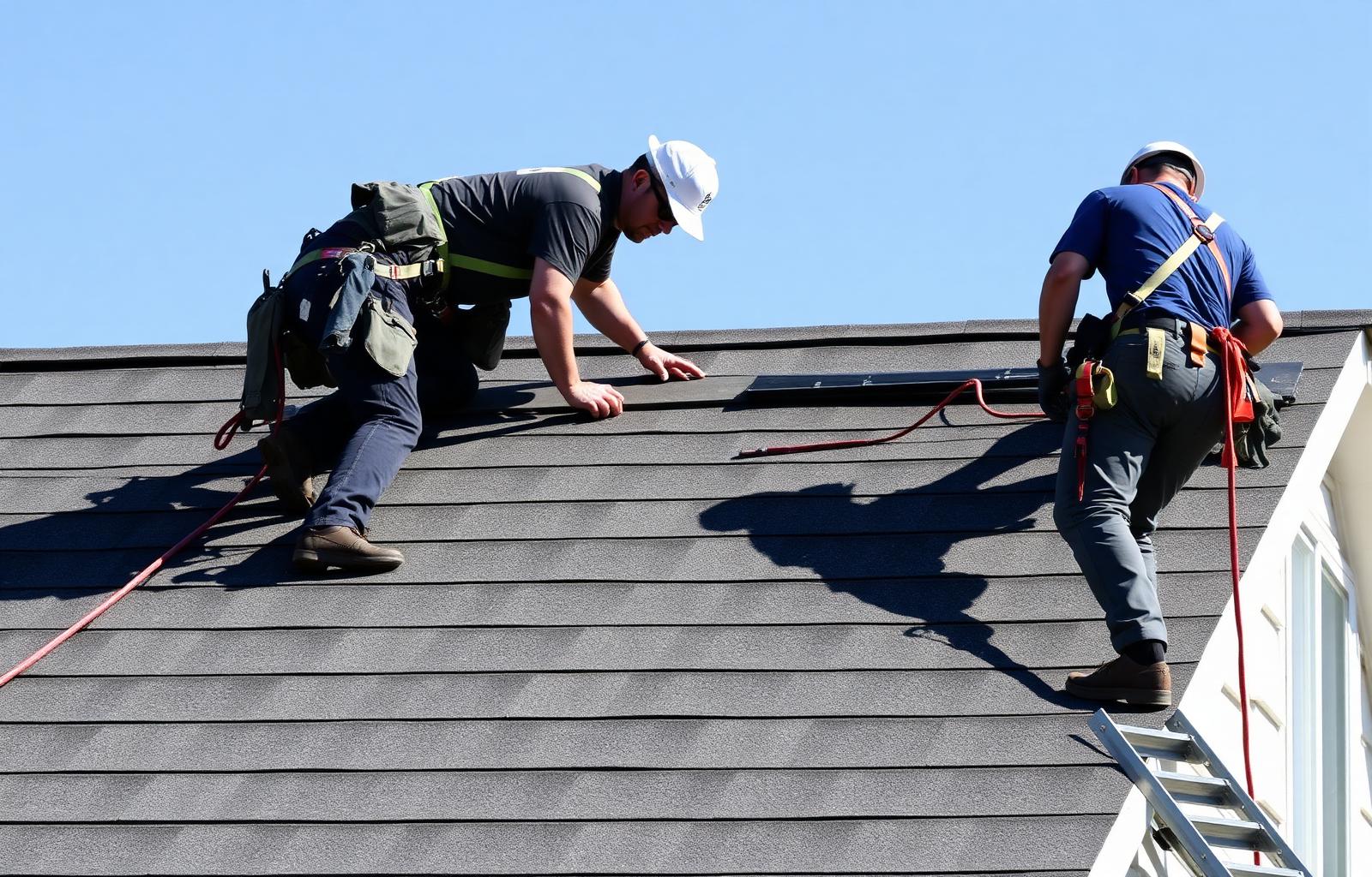 Powder Roofing crew installing shingles on a residential roof